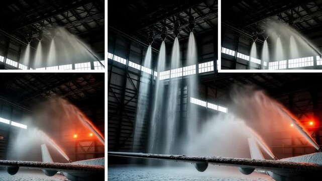 Sequence showing activation of multiple foam nozzles in aircraft hangar simulating real fire incident mitigation response.