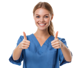 A happy nurse in blue scrubs gives a thumbs up, showing a sign of positivity and encouragement.