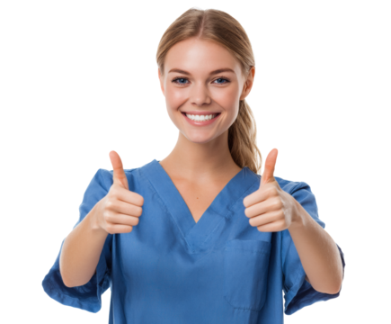 A happy nurse in blue scrubs gives a thumbs up, showing a sign of positivity and encouragement.