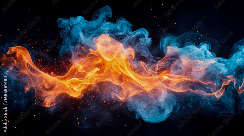 Poster dynamic abstract fusion of fiery orange flames and ethereal blue smoke intertwined, creating contras