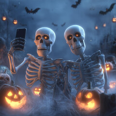 Halloween celebration, ghosts, Halloween greeting cards, pumpkin, candy, carriage, witch, cute vampire, skeleton, cute skeleton, skeleton for Halloween, ghost with smartphone and laptop