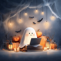 Halloween celebration, ghosts, Halloween greeting cards, pumpkin, candy, carriage, witch, cute vampire, skeleton, cute skeleton, skeleton for Halloween, ghost with smartphone and laptop