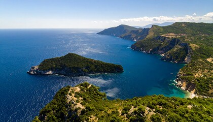 Fototapeta premium Coastal landscape with lush greenery, clear water, and a bright sky