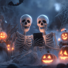 Halloween celebration, ghosts, Halloween greeting cards, pumpkin, candy, carriage, witch, cute vampire, skeleton, cute skeleton, skeleton for Halloween, ghost with smartphone and laptop