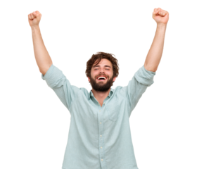Joyful man celebrating success with raised arms