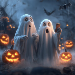 Halloween celebration, ghosts, Halloween greeting cards, pumpkin, candy, carriage, witch, cute vampire, skeleton, cute skeleton, skeleton for Halloween, ghost with smartphone and laptop