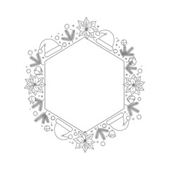 Vector art of christmas hexagon frame with santa hat, snowflake, fir branches