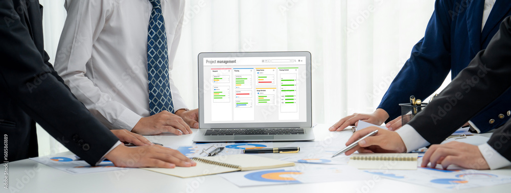 Poster project planning software for brisk business project management on the computer screen showing timel