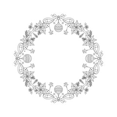 Vector art of hand drawn christmas wreath with poinsettia, baubles, stars and holly berries