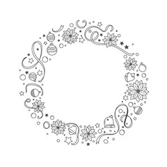 Vector art of festive christmas wreath with ornaments, stars, snowflakes, and bells