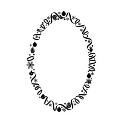 Vector art of festive christmas oval frame with ornaments, stars, snowflakes, and ribbons