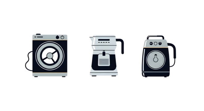 Sleek modern kitchen appliances including washing machine, coffee maker, and blender showcased in a clean, minimalist style perfect for home design inspiration or tech advertising.