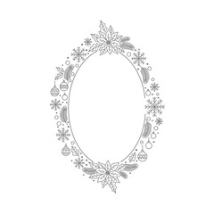 Vector art of oval christmas frame with poinsettia flowers and christmas balls for card