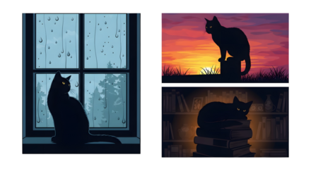 Mysterious black cat gazing out rainy window, silhouetted against vibrant sunset, and nestled amongst vintage books creating a captivating, atmospheric narrative