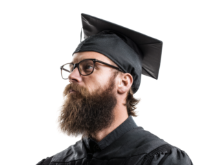Bearded graduate in cap and gown