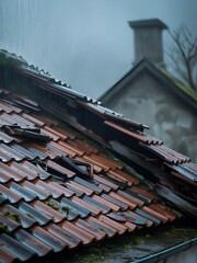 Damaged roof tiles in a rainstorm, wet broken shingles and debris on home property, leak problem requiring repair, contractor inspection, maintenance, insurance claim, disaster storm damage renovation