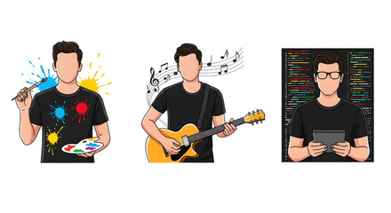 Creative professional artist painting, musician playing guitar, and coder with tablet showcase diverse modern skills and passions for artistic expression and digital innovation