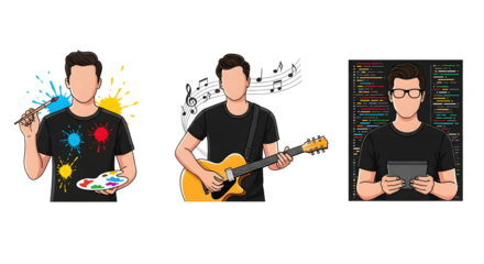 Creative professional artist painting, musician playing guitar, and coder with tablet showcase diverse modern skills and passions for artistic expression and digital innovation