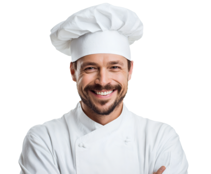 Smiling chef in a white uniform and hat.