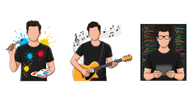 Creative professional artist painting, musician playing guitar, and coder with tablet showcase diverse modern skills and passions for artistic expression and digital innovation