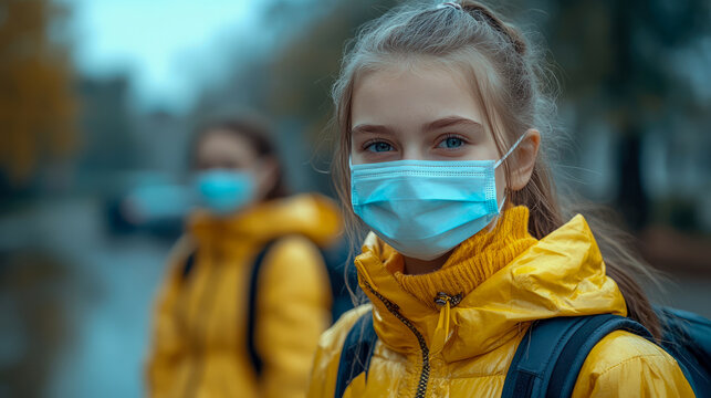 Front-facing young girl with blue eyes wears bright yellow jacket and blue medical mask, looking directly at camera, with blurred friend also masked in background, highlighting student safety.