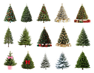 PNG Festive decorated Christmas trees collection, element set on transparent background