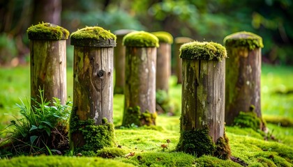 Fototapeta premium Moss-covered wooden posts in a garden