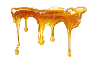 Dripping honey, amber-colored, viscous liquid, flowing, cascading, close-up, isolated on black