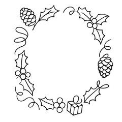 Vector art of hand drawn christmas wreath featuring pine cones, holly, gift and ribbons