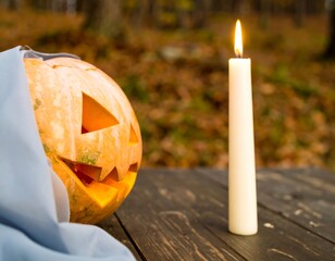 Halloween pumpkin with a candle on a wooden table