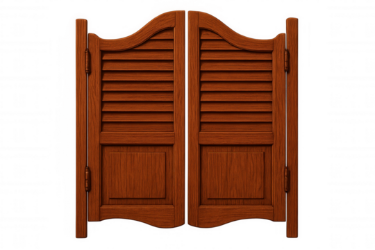 Detailed illustration of classic wooden saloon doors, featuring a transparent background, showcasing rustic design and western charm
