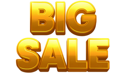 BIG SALE- text in bold 3D style, golden gradient, glowing effect, transparent background png
