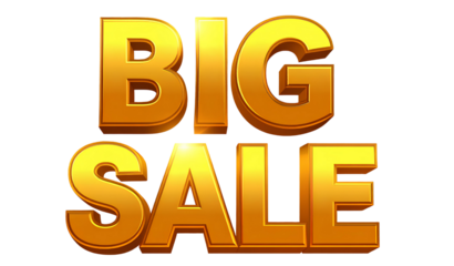 BIG SALE- text in bold 3D style, golden gradient, glowing effect, transparent background png