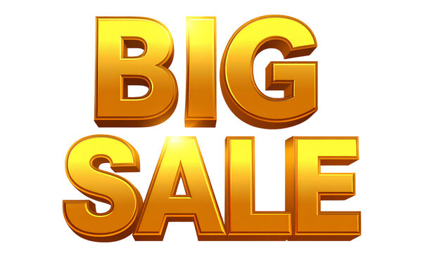 BIG SALE- text in bold 3D style, golden gradient, glowing effect, transparent background png
