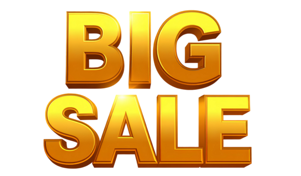 BIG SALE- text in bold 3D style, golden gradient, glowing effect, transparent background png