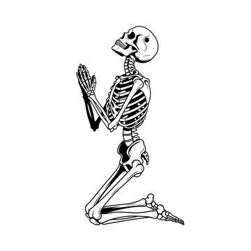 Vector art of skeleton praying on its knees, in vector art illustration