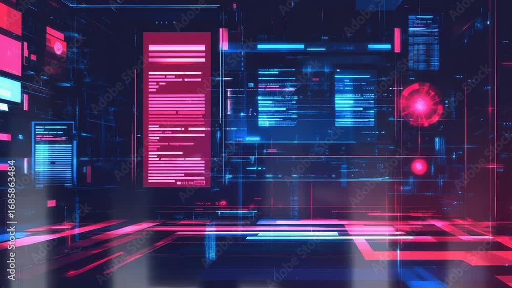 Poster futuristic server room processing big data with code displayed on screens