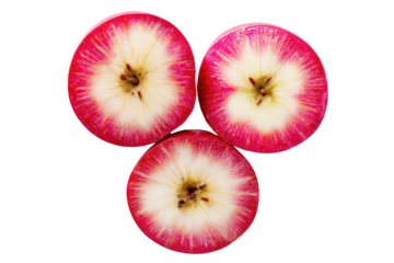 Three sliced red apples arranged in a symmetrical, triangular pattern against a black background.  Each slice shows a vibrant red exterior and a pale, creamy-white interior, with a seed core visible