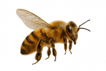 Honey bee hovering with blurred wings, revealing delicate anatomy and golden-yellow coloration on clean white backdrop