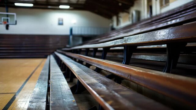 Empty wooden bleachers in well-lit gymnasium with focus on seating