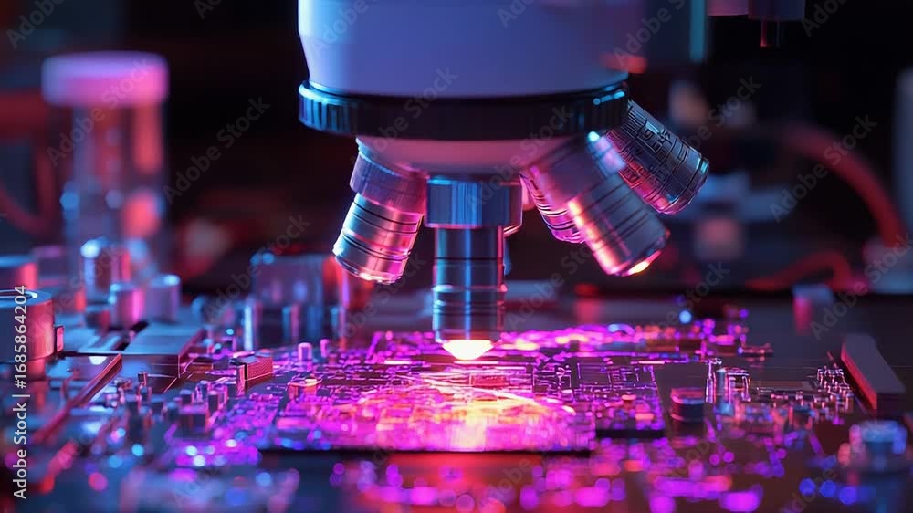 Poster microscope is analyzing electronic circuit board in laboratory