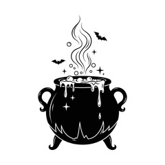 Vector art of halloween witch cauldron with bubbling potion and bats for spooky designs