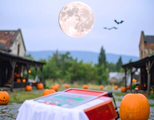 Halloween scene with pumpkins and a full moon