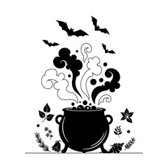 Vector art of halloween witch cauldron with potion and bats vector illustration