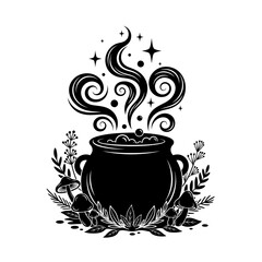Vector art of black and white vector illustration of a witchs cauldron with potion