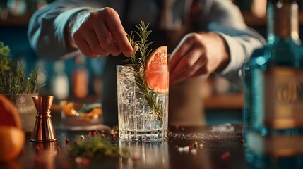 Mixing a refreshing cocktail with herbs and fruit in a stylish bar during the evening