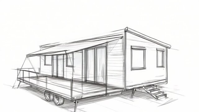 Architect drawing a mobile home project with veranda