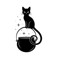 Vector art of black cat sitting on a cauldron, vector illustration for halloween