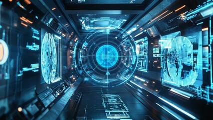 Futuristic spaceship corridor showing holographic earth and targeting system with data processing - Powered by Adobe