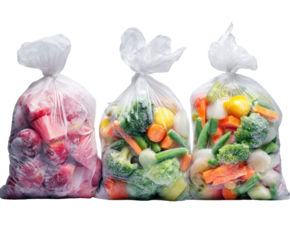 Three clear plastic bags filled with frozen vegetables and fruit